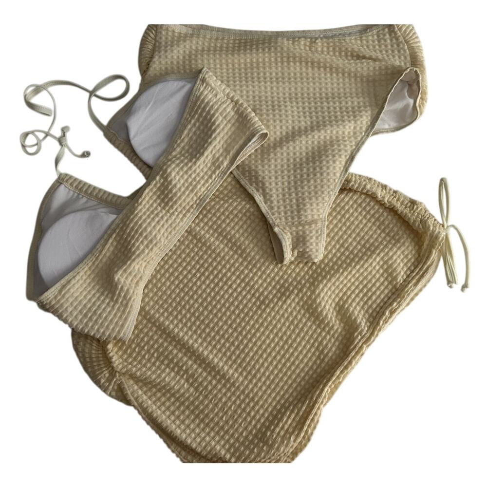 NWOT SweatyRocks Beige 3 Pc Texture Halter Tie Bikini Drawstring Skirt Large - Picture 4 of 11